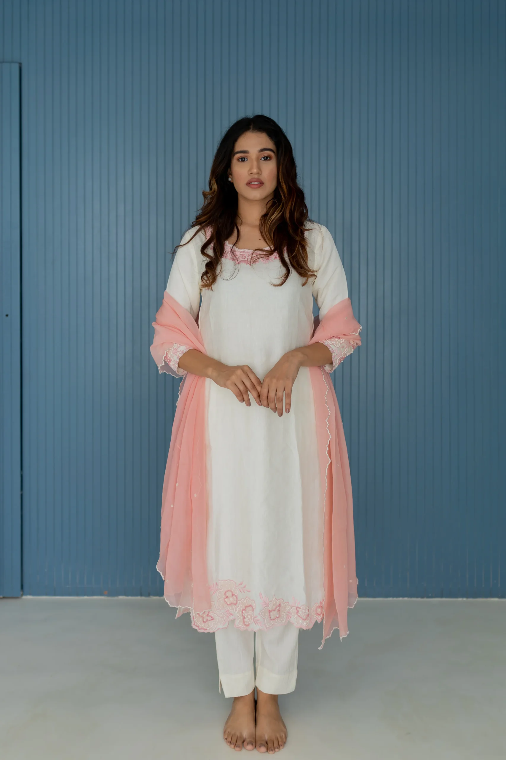 White and Peach Dupatta