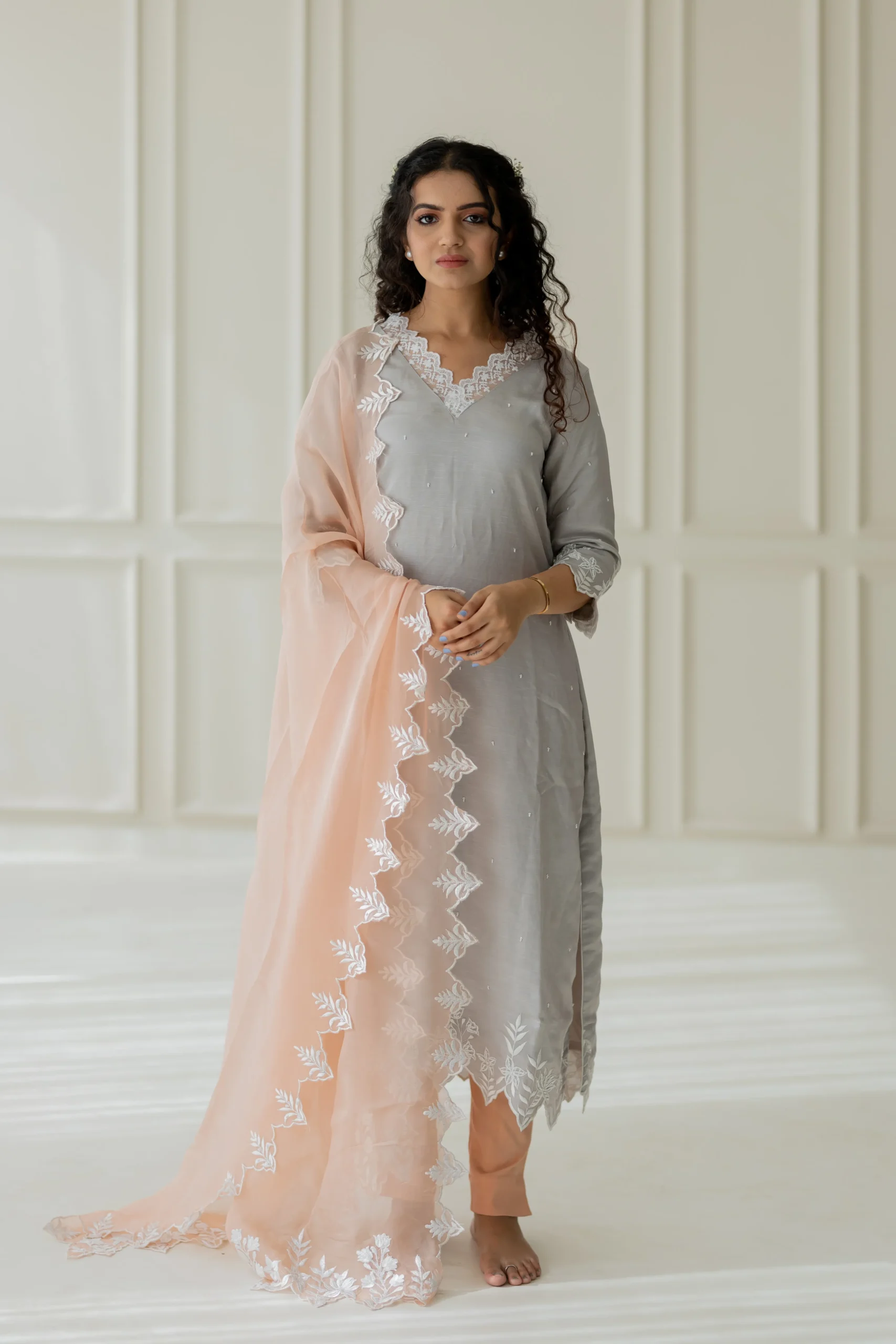 Grey and Peach Dupatta